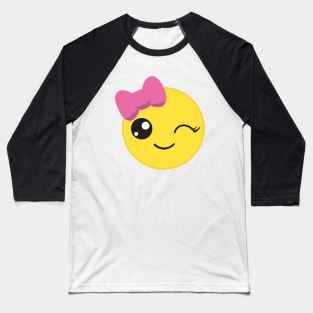 Cute Winking Face Wearing a Bow Baseball T-Shirt